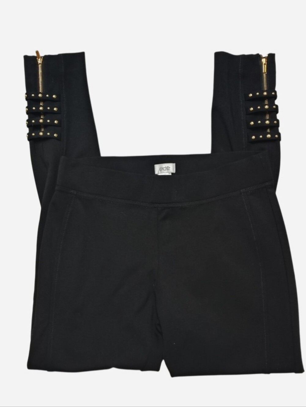 Cache Ponte Knit Pants Black / Gold Tone Zipper and Embellishment Women's Medium